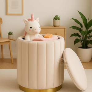 Velvet Storage Ottoman Pouffe – Round Upholstered Sitting Stool & Footrest