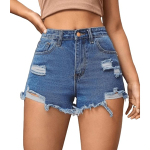 Aahwan Blue Solid High Waist Ripped Raw Trim Denim Shorts