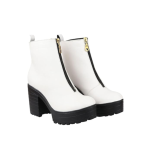 Womens White Solid Zipper Block Heeled Boots