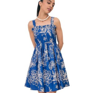 Women’s Fit & Flared Poplin Floral Ruffle Neck Smocked Skater