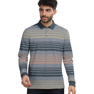 BULLMER Striped Textured Printed Polo Neck Fullsleeve T-Shirt